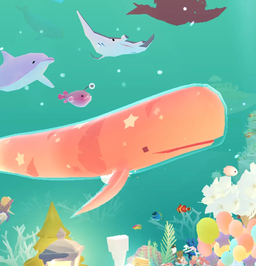 Cachalote cor-de-rosa com estrelas no dorso do AbyssRium, com uma raia-manta, um golfinho e um baiacu por cima