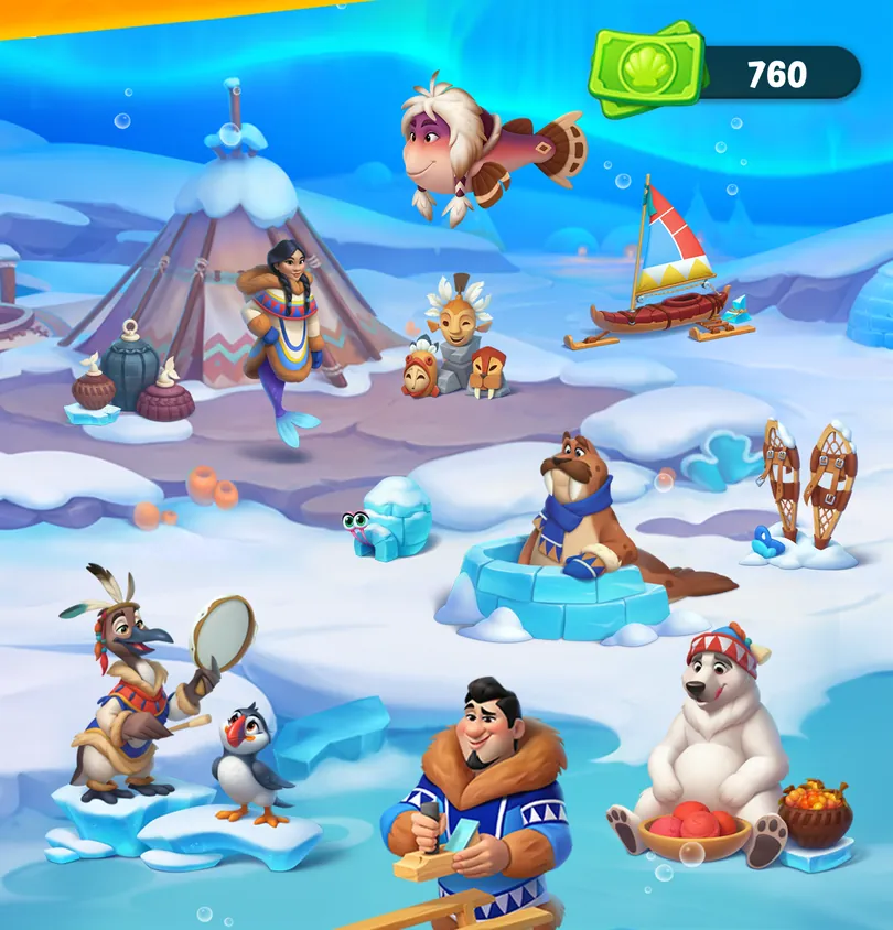 Ecrã de decoração do Fishdom com cenário de neve, morsa, urso-polar, papagaios-do-mar e 760 notas do jogo no contador