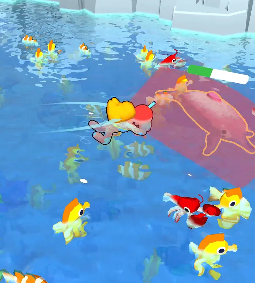 Boneco vermelho do Aquarium Land a nadar puxado por uma linha sobre uma zona vermelha com o contorno de um golfinho cor-de-rosa