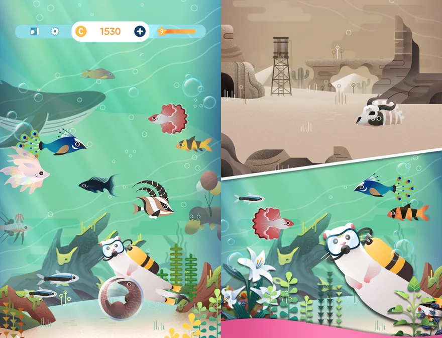 Dois ecrãs do My Little Aquarium lado a lado: aquário com botões SHOP e PLAY e 1530 moedas, e um furão de máscara e garrafa de mergulho