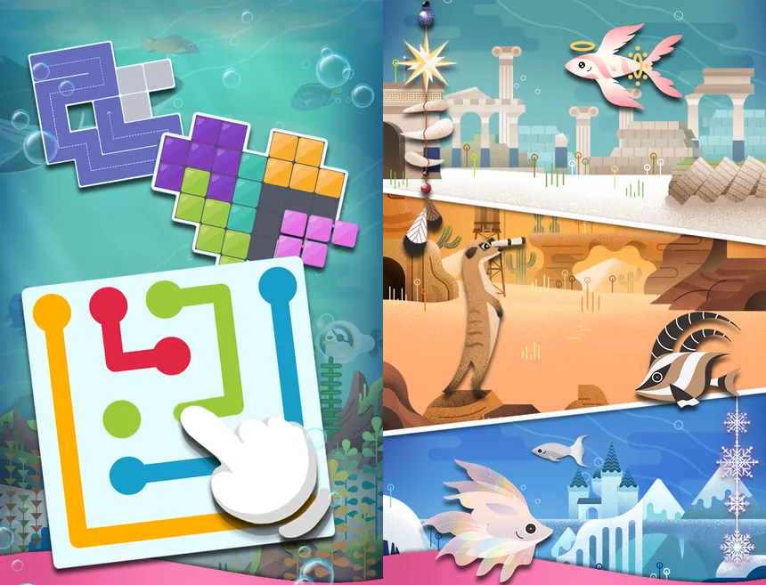Dois ecrãs do My Little Aquarium: peças de blocos e um puzzle de ligar pontos com linhas coloridas, e cenários de ruínas, deserto e neve