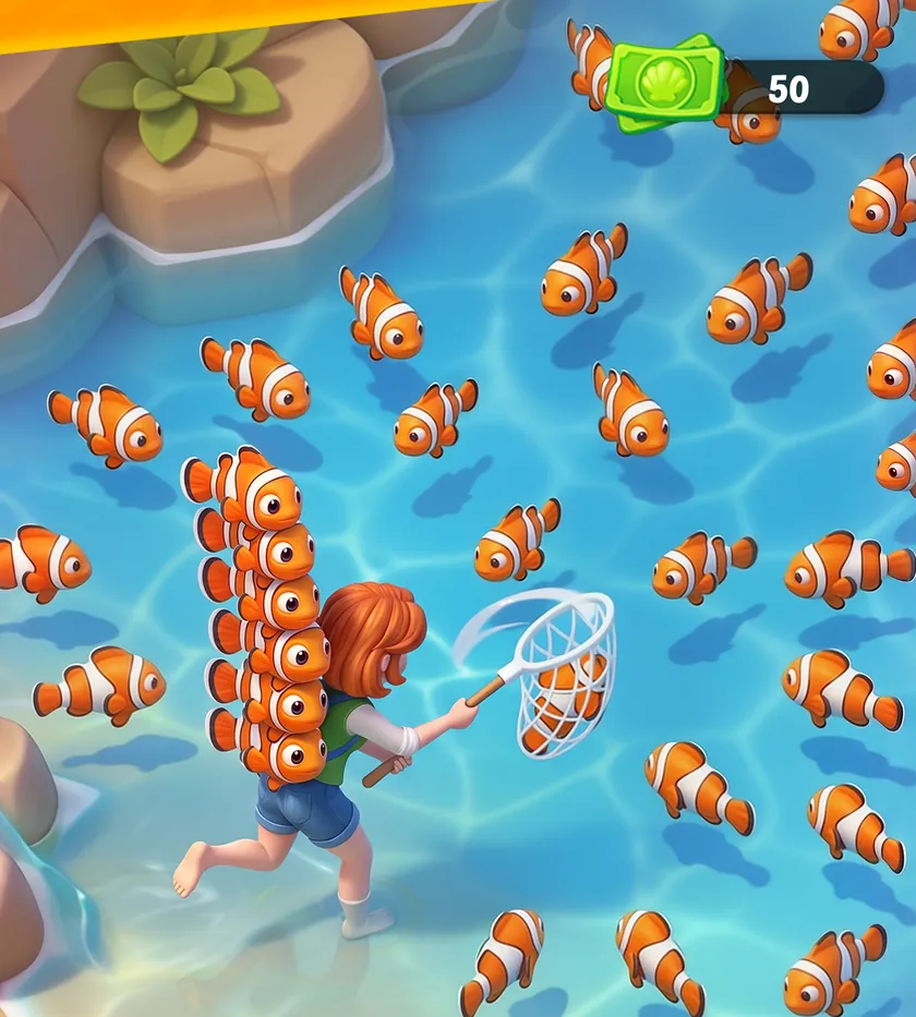 Mergulhadora do Fishdom com rede numa praia rasa cheia de peixes-palhaço, levando uma coluna de peixes às costas